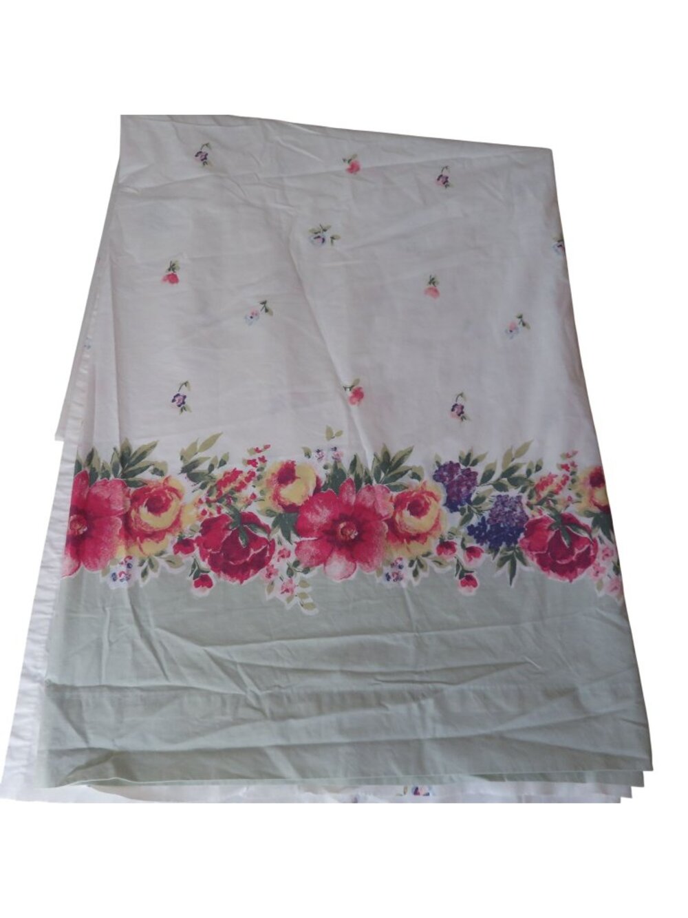 Vintage Queen Flat Sheet Floral Border White Multicolor Flowers Percale 60"x80"
